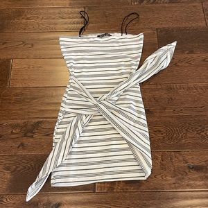 White fox wrap strapless striped dress